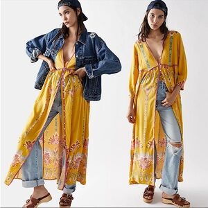 NWOT Free People Foley Dress Kimono In Daylight Embroidered Boho Yellow Print S